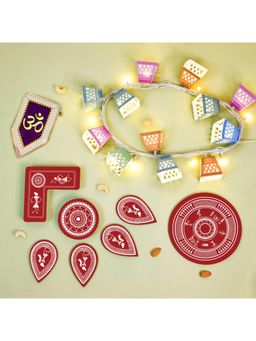 Indigifts - Shubh Diwali Toran with Hanging Lights and Maroon Rearrangeable Rangoli (Set of 15)