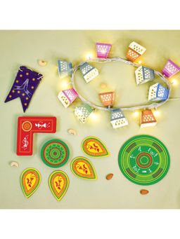 Indigifts - Happy Diwali Toran with Hanging Lights and Multi-Color Rearrangeable Rangoli (Set of 15)