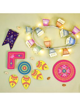 Indigifts - Happy Diwali Toran with Hanging Lights & Multi-Color Rangoli (Set of 15)
