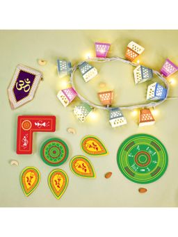 Indigifts - Shubh Diwali Toran with Hanging Lights & Multi-Color Rangoli (Set of 15)