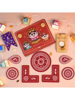 Indigifts - Diwali Door Hanging Toran, Lights, Laxmi Ganesh Diya Stand & Maroon Rangoli (Set of 17)