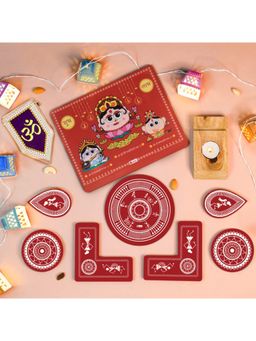 Indigifts - Shubh Diwali Toran, Lights, Laxmi Ganesh Diya Stand & Maroon Rangoli (Set of 17)