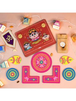 Indigifts - Shubh Diwali Toran, Lights, Laxmi Ganesh Diya Stand & Pink Rangoli (Set of 17)