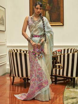 Akhilam - Womens Silk Blend Blue Woven Designer Saree with Unstitched Blouse