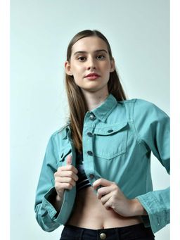 FREAKINS - Teal Denim Raw Hem Cropped Jacket