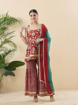 MOKOSH - Women Red Cotton Floral Printed Kurta Sharara with Dupatta
