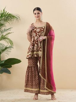 MOKOSH - Women Brown Cotton Floral Printed Kurta Sharara with Dupatta