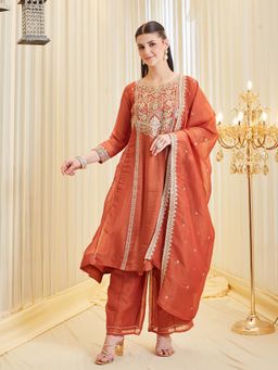 MOKOSH - Women Rust Silk Embroidered Anarkali Kurta Palazzo with Dupatta