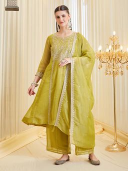 MOKOSH - Women Green Silk Embroidered Anarkali Kurta Palazzo with Dupatta