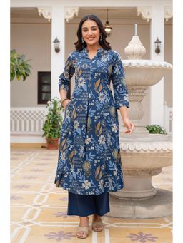 Kohsh - Womens Cotton Floral Print A-Line Kurta and Palazzo (Blue)