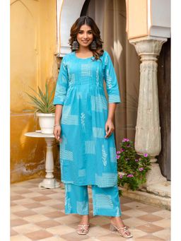 Kohsh - Womens Cotton Printed A-Line Kurta and Palazzo (Blue)