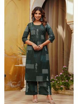 Kohsh - Womens Cotton Printed A-Line Kurta and Palazzo (Green)
