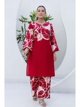 Kohsh - Womens Cotton Floral Print Straight Kurta And Palazzo (Red)