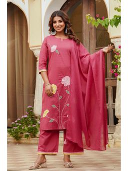 Kohsh - Womens Cotton Patchwork Kurta Palazzo And Dupatta (Pink)