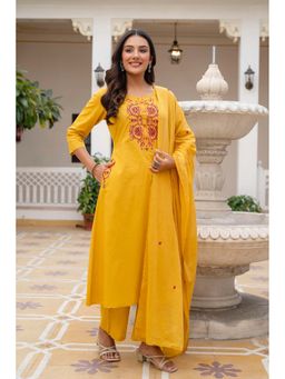 Kohsh - Womens Cotton Thread Work Kurta Palazzo And Dupatta (Mustard)