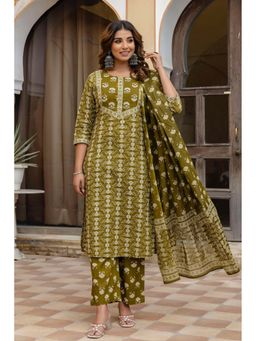 Kohsh - Womens Cotton Ethnic Motif Kurta Palazzo And Dupatta (Olive)