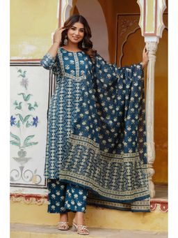 Kohsh - Womens Cotton Ethnic Motif Kurta Palazzo And Dupatta (Blue)
