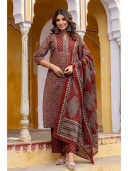 Kohsh - Womens Cotton Ethnic Motif Kurta Palazzo And Dupatta (Maroon)