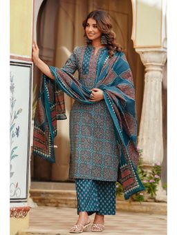 Kohsh - Womens Cotton Ethnic Motif Kurta Palazzo And Dupatta (Teal)