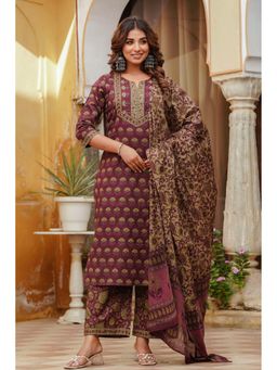Kohsh - Womens Cotton Beads And Stones Kurta Palazzo And Dupatta (Burgundy)