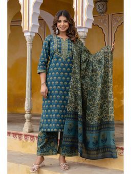 Kohsh - Womens Cotton Beads And Stones Kurta Palazzo And Dupatta (Teal)