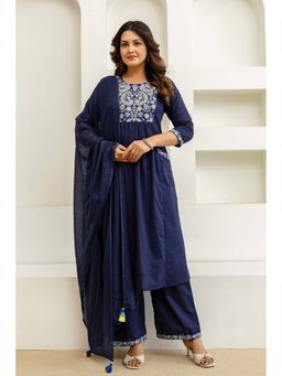 Kohsh - Womens Cotton Thread Work Kurta Palazzo And Dupatta (Navy Blue)