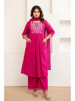 Kohsh - Womens Cotton Thread Work Kurta Palazzo And Dupatta (Pink)