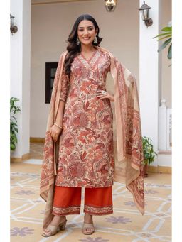 Kohsh - Womens Cotton Floral Print Kurta Palazzo And Dupatta (Rust)