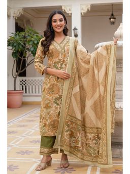 Kohsh - Womens Cotton Floral Print Kurta Palazzo And Dupatta (Beige)