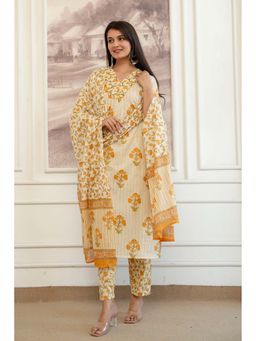 Kohsh - Womens Cotton Stripes Straight Kurta Pant And Dupatta (Yellow)