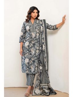 Kohsh - Womens Cotton Floral Print Straight Kurta Pant And Dupatta (Grey)