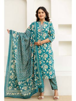 Kohsh - Womens Cotton Floral Print Kurta Pant And Dupatta (Teal)