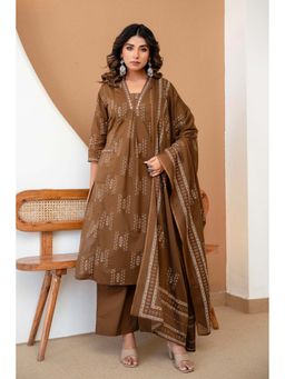 Kohsh - Womens Cotton Printed A-Line Kurta Palazzo And Dupatta (Brown)