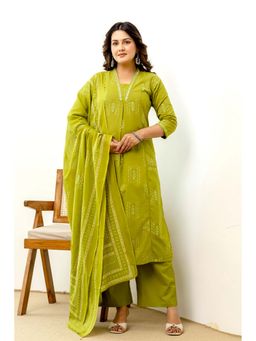 Kohsh - Womens Cotton Printed A-Line Kurta Palazzo And Dupatta (Green)