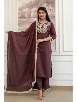 Kohsh - Womens Cotton Thread Work Kurta Palazzo And Dupatta (Brown)
