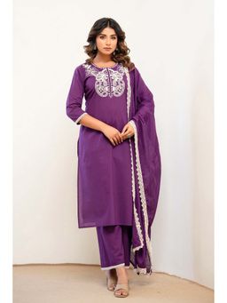 Kohsh - Womens Cotton Thread Work Kurta Palazzo And Dupatta (Purple)