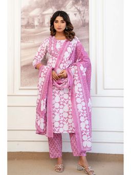 Kohsh - Womens Cotton Floral Print Kurta Pant And Dupatta (Pink)