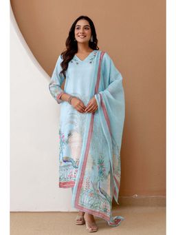 Kohsh - Womens Floral Print Kurta Pant And Dupatta (Blue)
