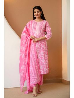 Kohsh - Womens Cotton Floral Print Kurta Pant And Dupatta (Pink)