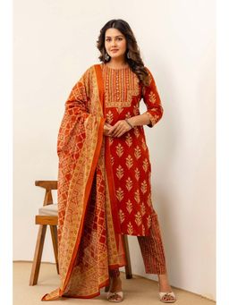 Kohsh - Womens Cotton Ethnic Motif Kurta Pant And Dupatta (Rust)