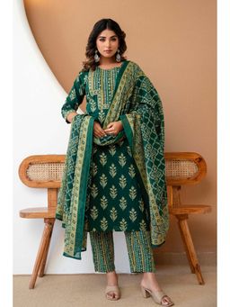 Kohsh - Womens Cotton Ethnic Motif Kurta Pant And Dupatta (Green)