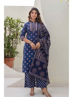 Kohsh - Womens Cotton Straight Kurta Palazzo And Dupatta (Navy Blue)