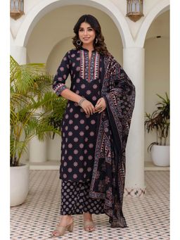 Kohsh - Womens Cotton Straight Kurta Palazzo And Dupatta (Black)