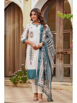 Kohsh - Womens Printed Straight Kurta Pant And Dupatta (White)