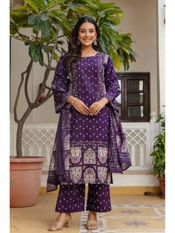 Kohsh - Womens Cotton Floral Print Kurta Palazzo And Dupatta (Purple)
