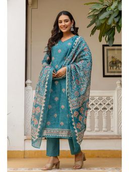 Kohsh - Womens Floral Print Kurta Pant And Dupatta (Teal)