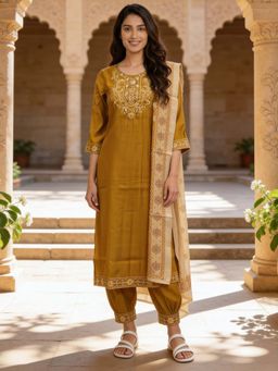Rangita - Women Mustard Embroidered Straight Kurta Salwar And Dupatta