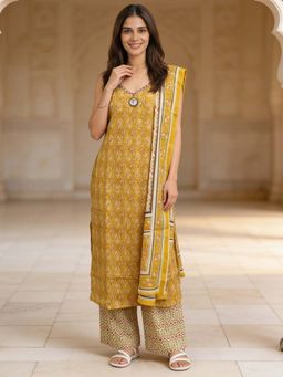 Rangita - Women Yellow Cotton Embroidered Straight Kurta Palazzo And Dupatta