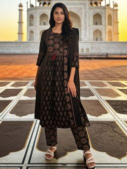 Rangita - Women Black Cotton Embroidered A-Line Kurta Pant And Dupatta