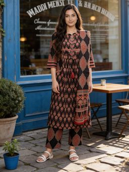 Rangita - Women Black Cotton Printed Kurta Pant And Dupatta